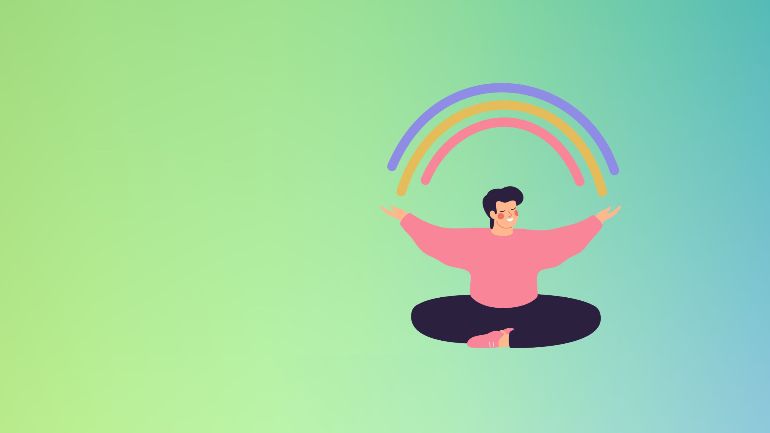 Graphic of a person sat cross-legged smiling with a rainbow above their head